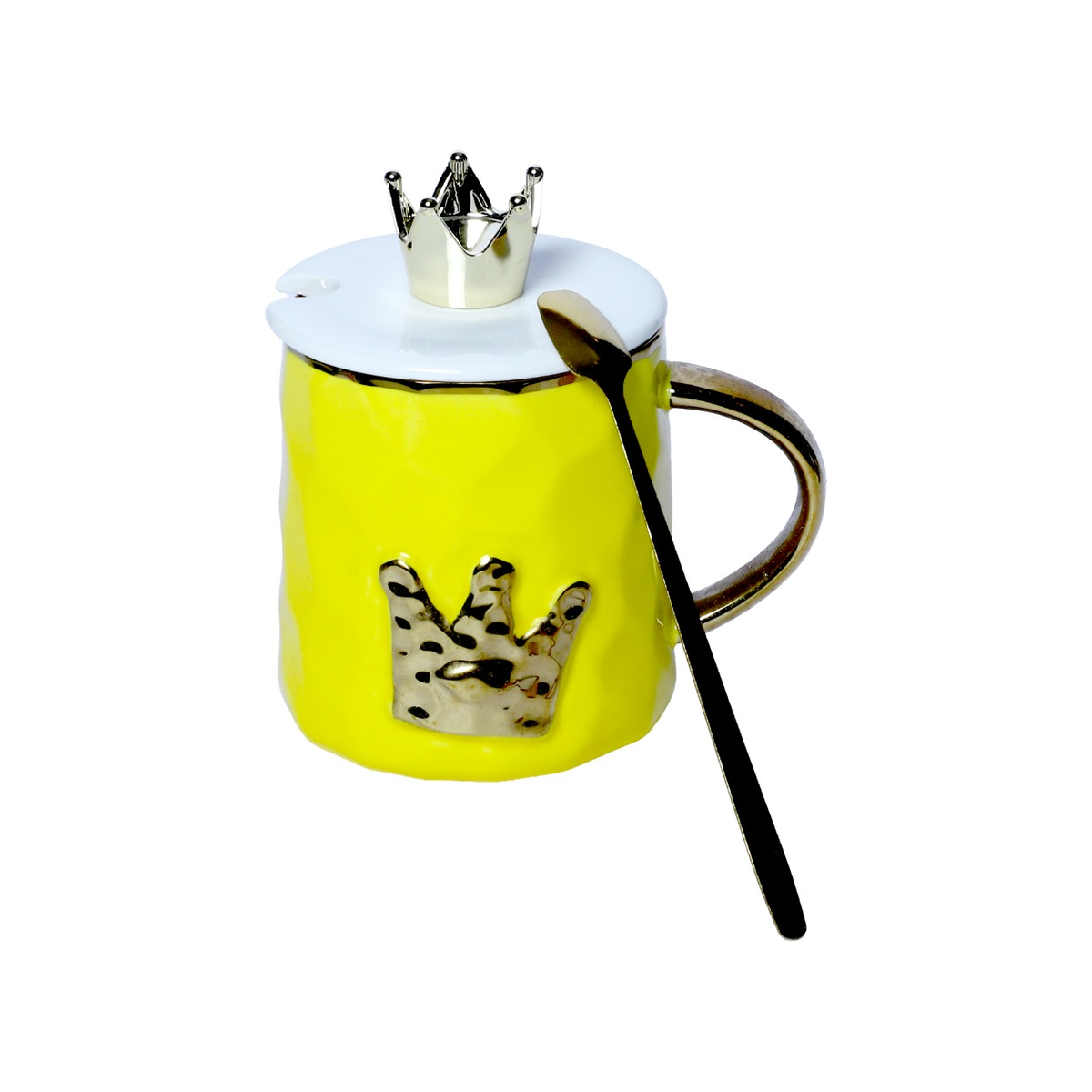 Izzhaar Royal Crown Yellow Ceramic Mug with Lid & Spoon