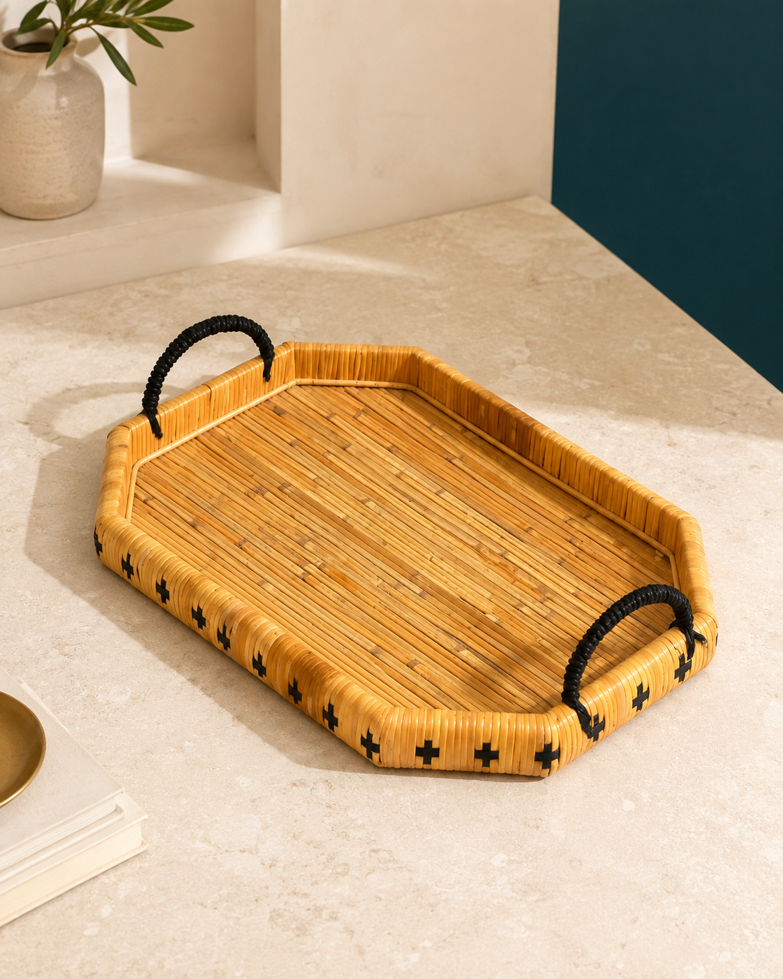 Izzhaar Wooden Tray with Metal Handle - Oval