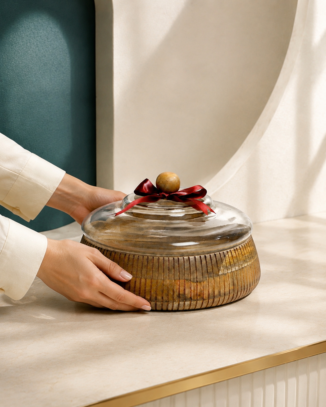 Izzhaar Wooden Cake Stand with Glass Dome Cover