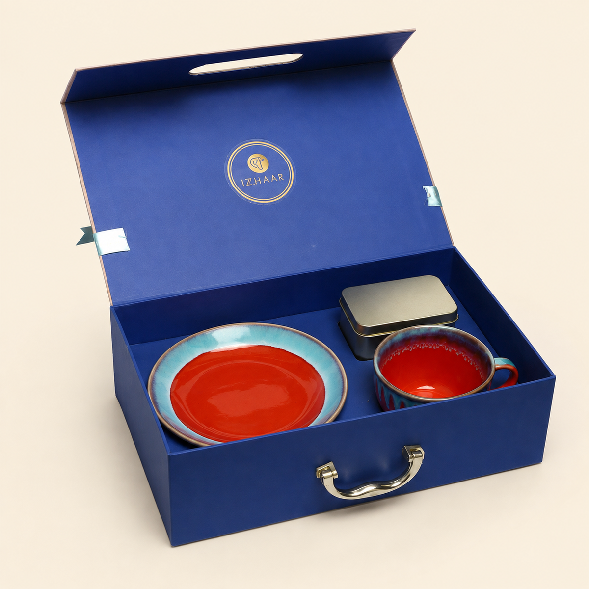 Izzhaar Ceramic Red & Blue Tea Set with Plate, Cup & Box