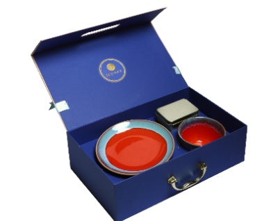Izzhaar Ceramic red and blue tea set - 1 plate,1 tea cup and 1 rectangular box