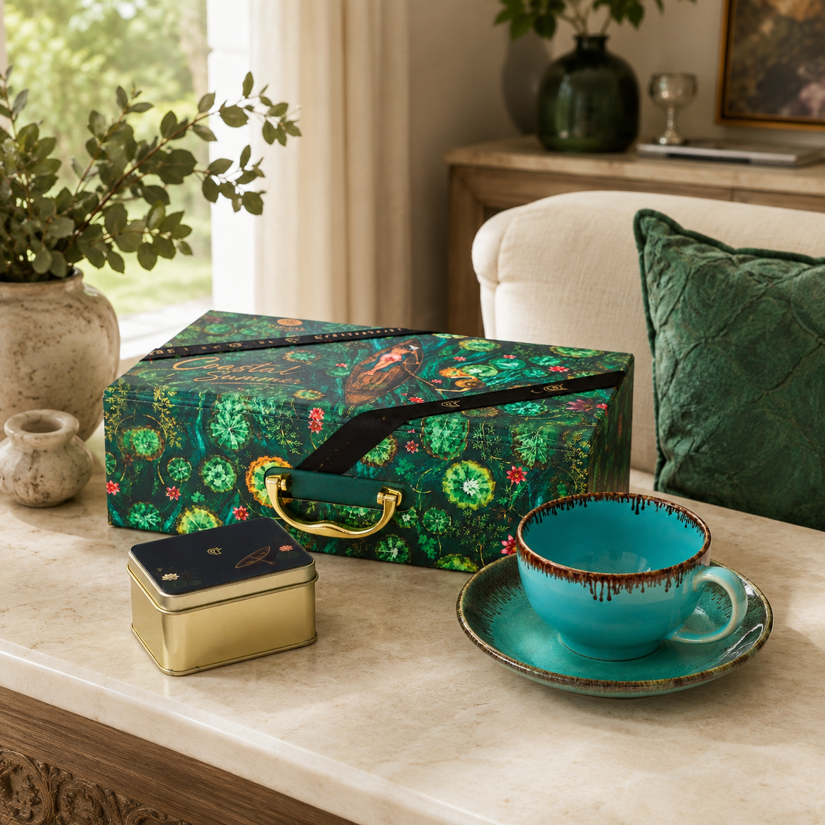 Izzhaar Coastal Summer Tea & Snack Hamper Premium Tea Tin with Ceramic Cup & Saucer Gift Set