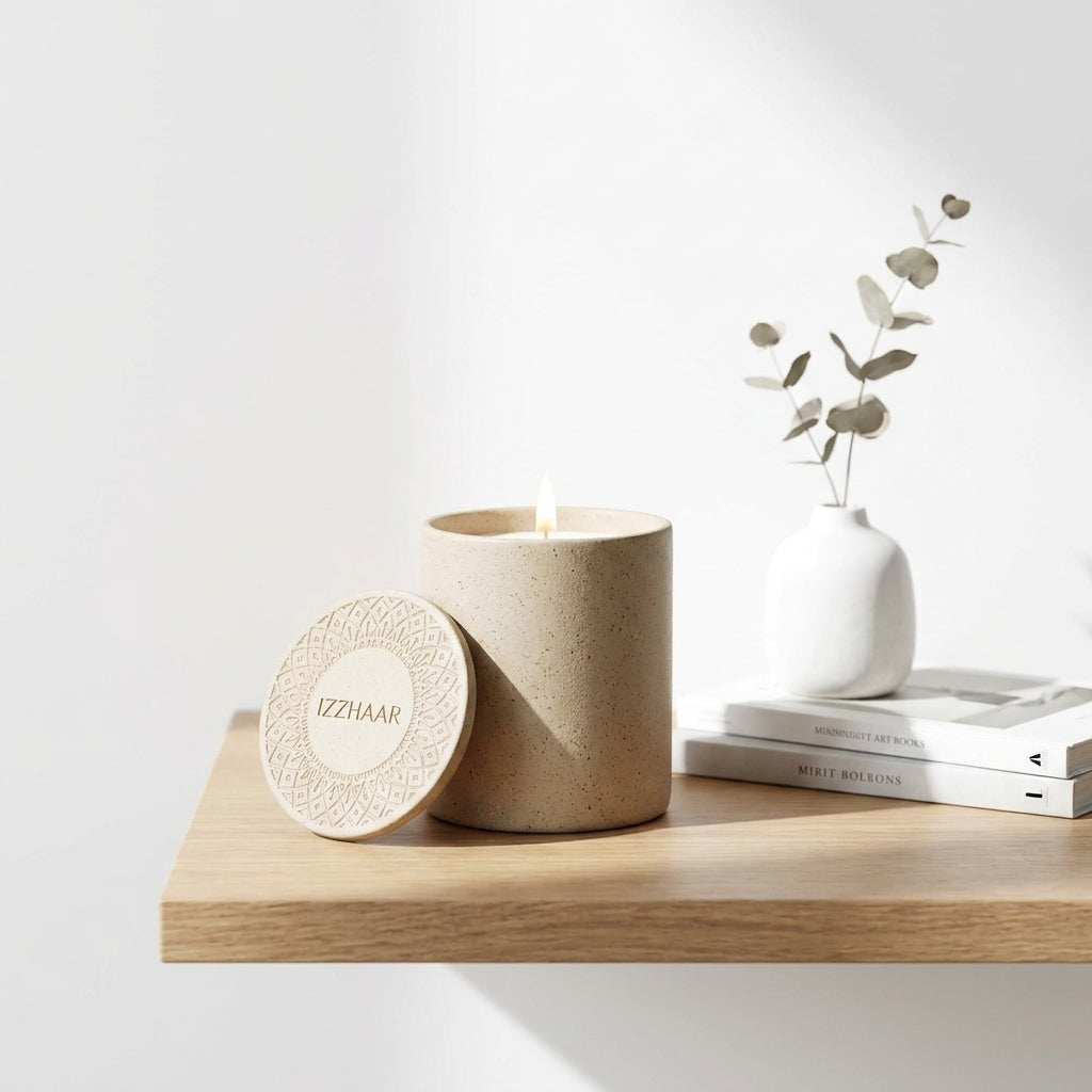 Izzhaar Minimalist Scented Candle in Ceramic Jar with Lid – Premium Home Décor & Gift.