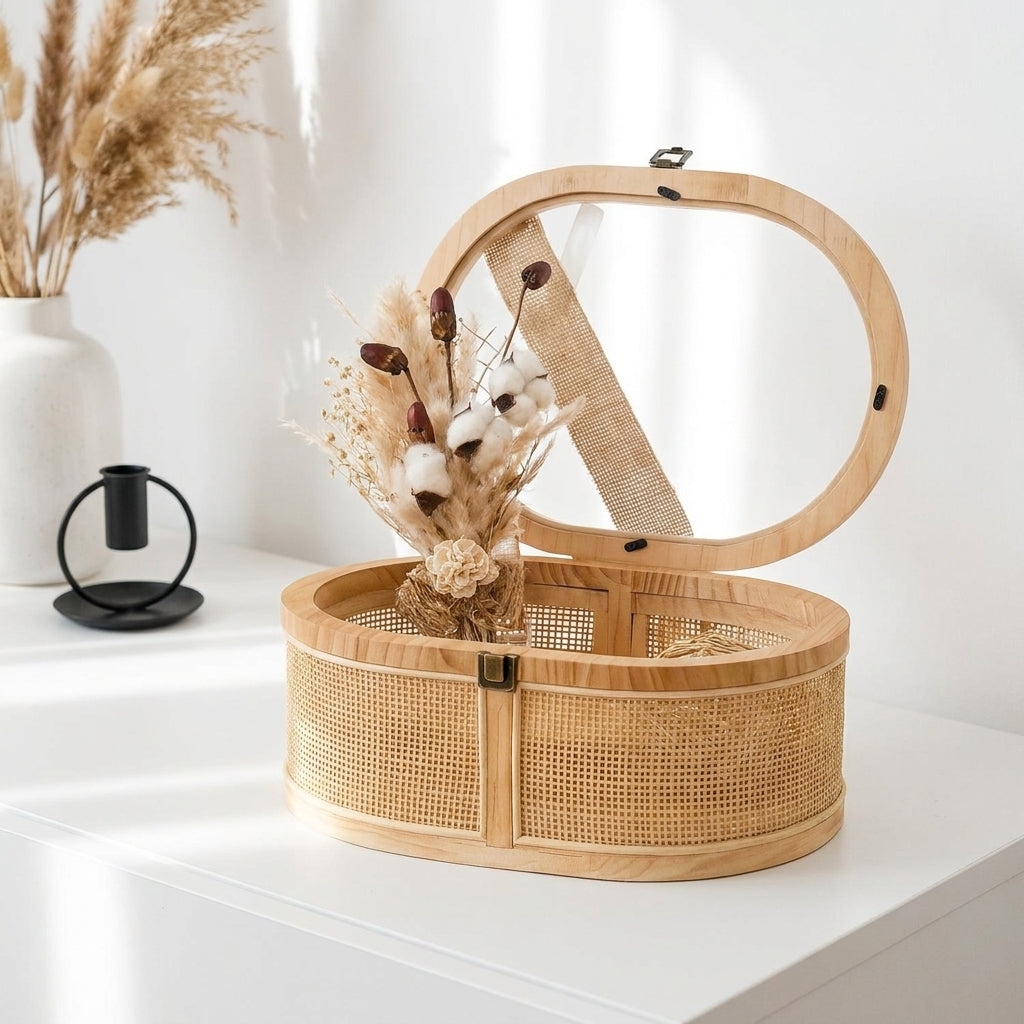 Izzhaar Elegant Wooden Vanity Organizer Box with Mirror & Dried Floral Decor.