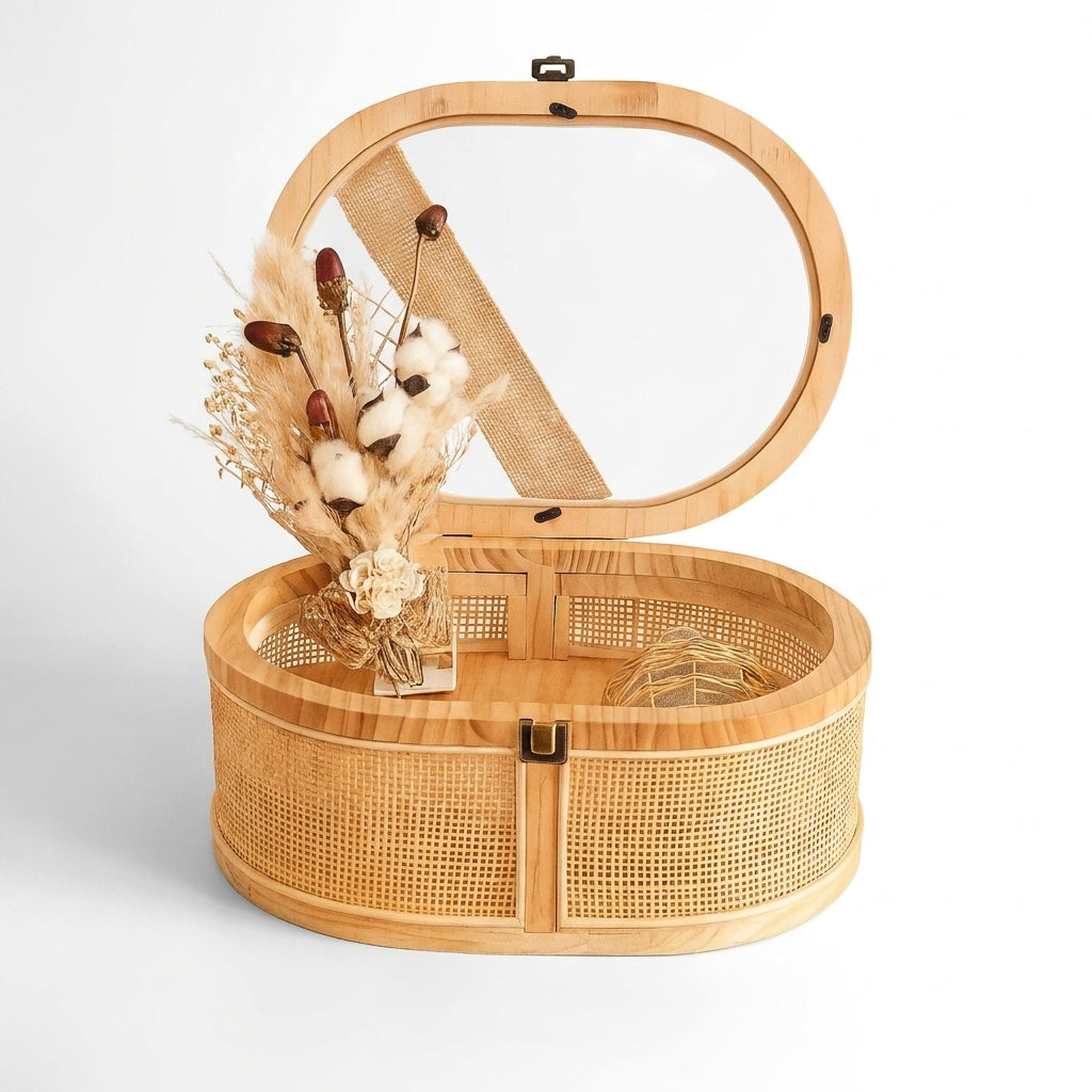 Izzhaar Elegant Wooden Vanity Organizer Box with Mirror & Dried Floral Decor.