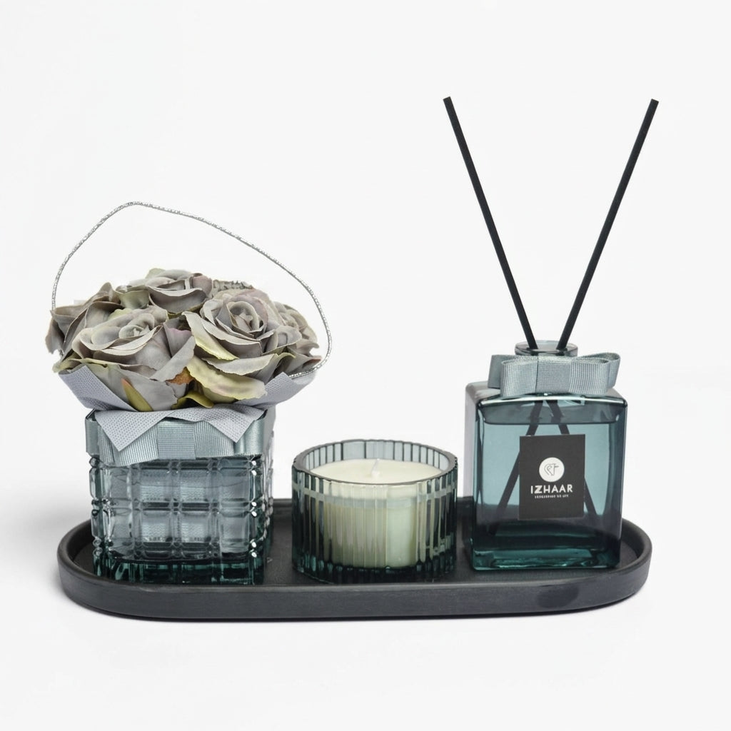 Luxury Home Fragrance Gift Set – Reed Diffuser, Scented Candle & Floral Arrangement Tray.