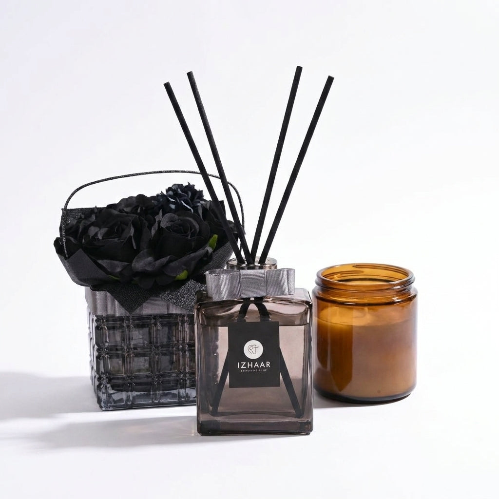 Luxury Home Fragrance Gift Set – Reed Diffuser, Scented Candle & Floral Arrangement Tray.