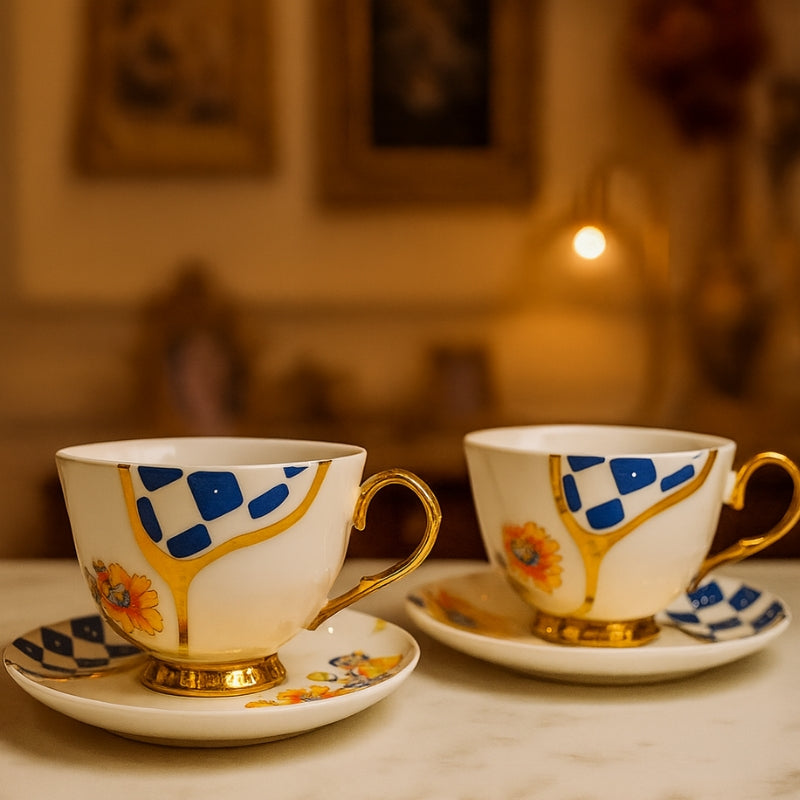Izzhaar Premium Ceramic Tea Cup & Saucer Set (Set of 6) – Royal Blue & Gold Floral Design