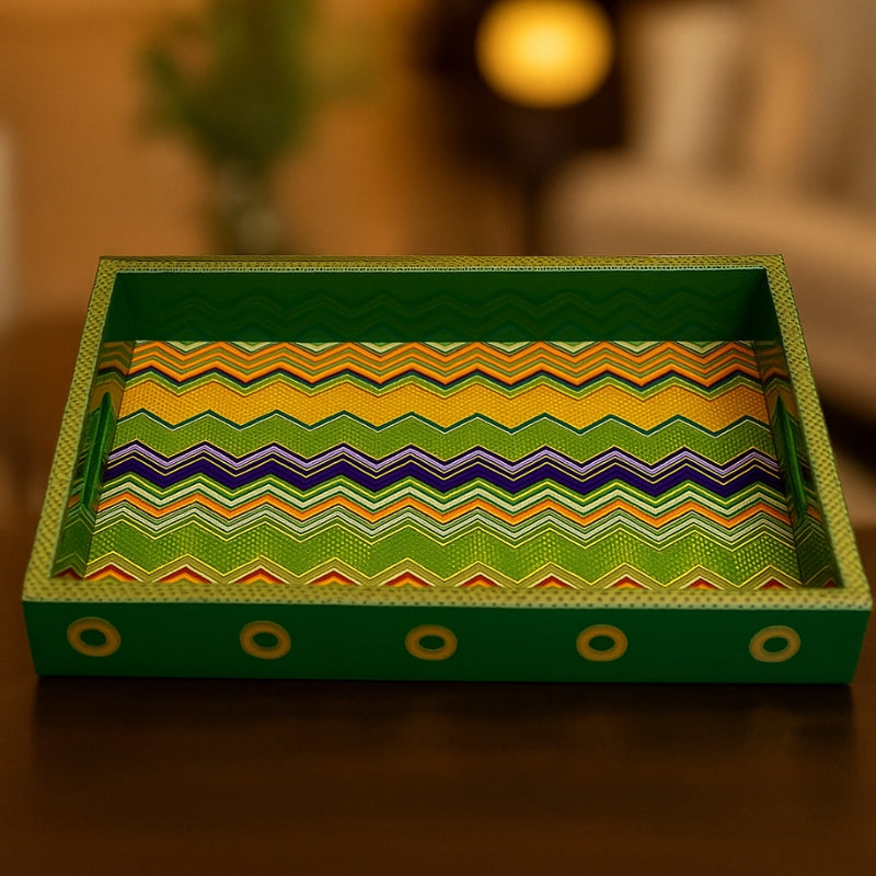 Izzhaar Vibrant Zig-Zag Pattern Decorative Serving Tray – Green Multi-Color Design