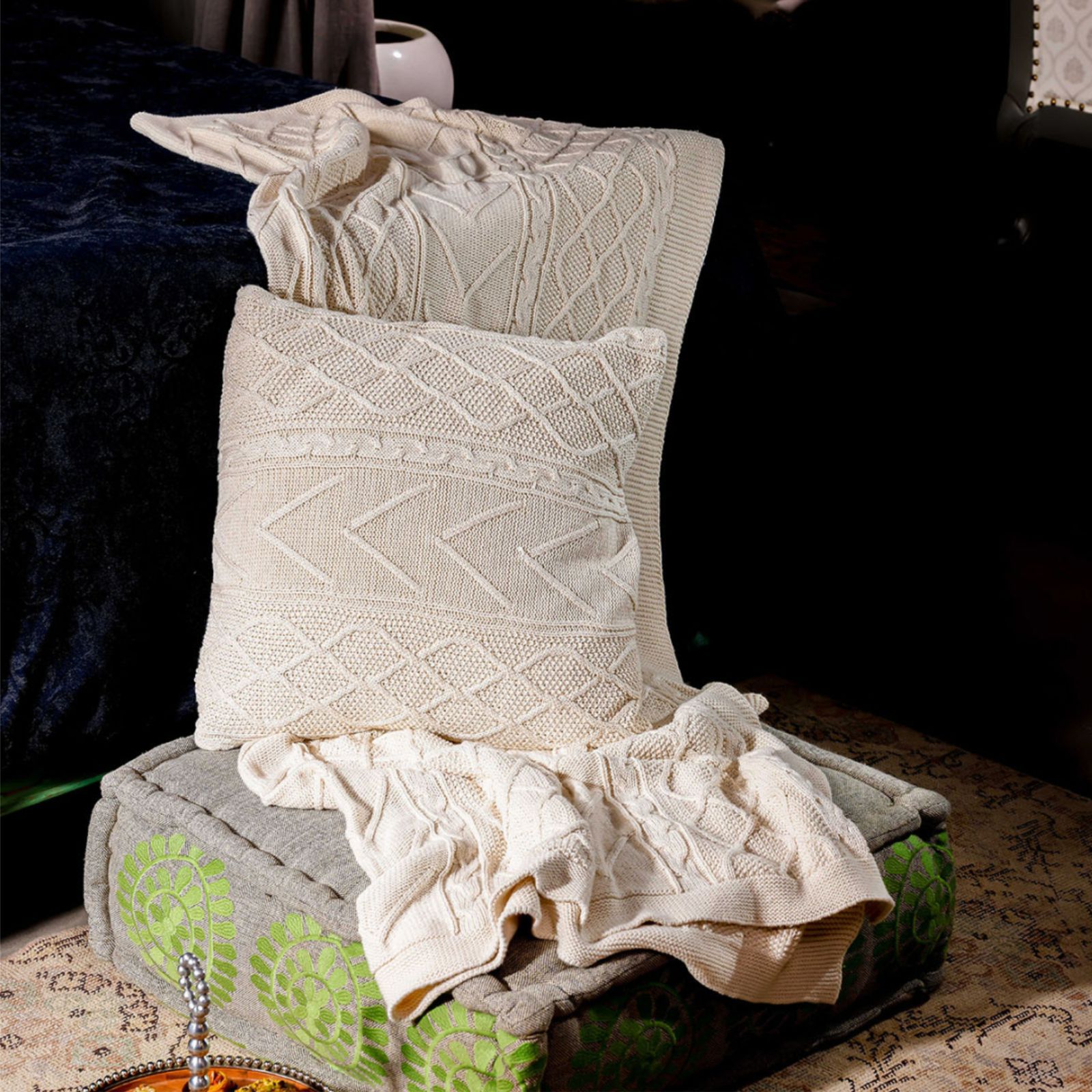 Pearl White Cotton Cushion Cover & Throw Set.