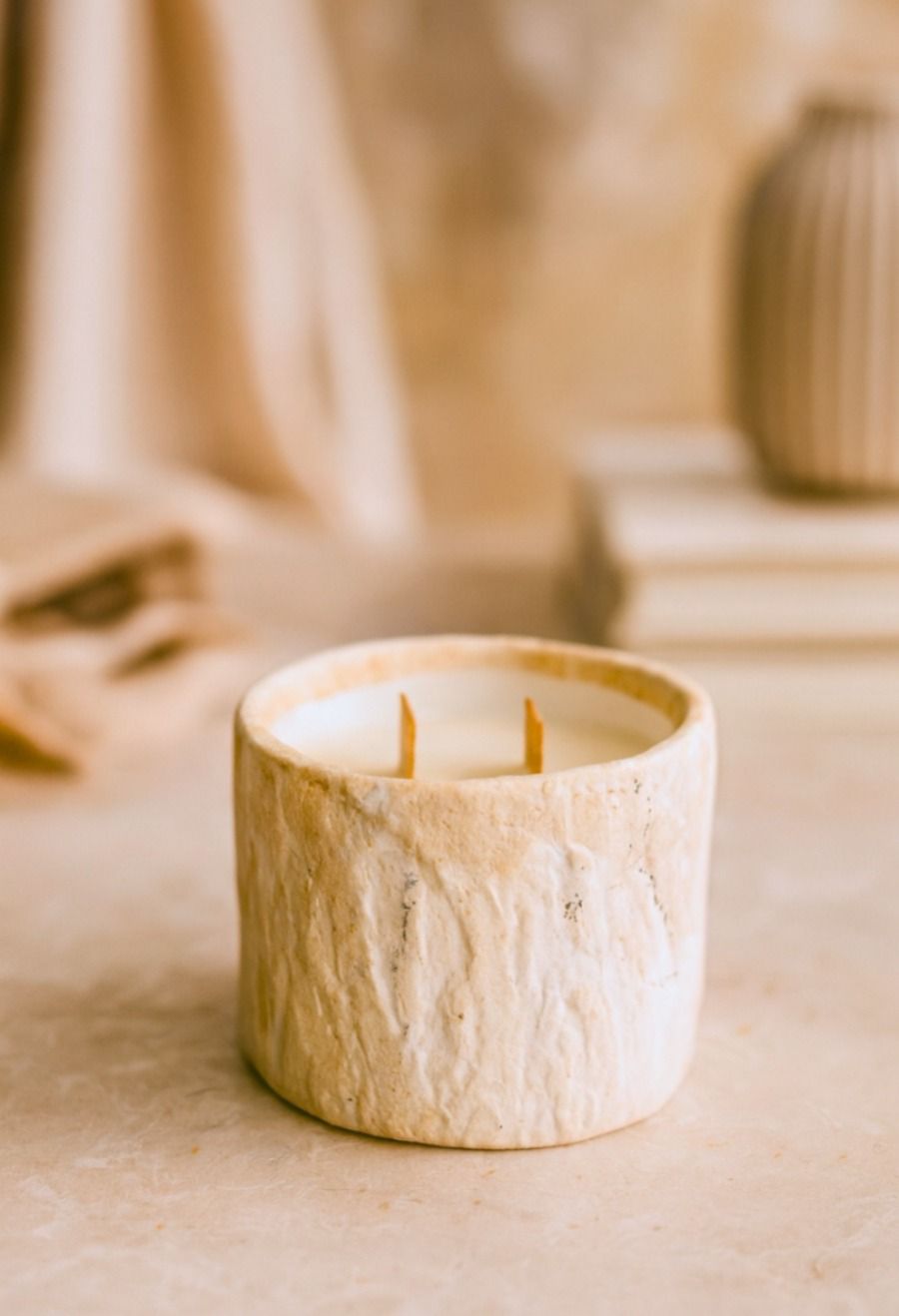 Rustic Cream Textured Ceramic Multi-Wick Candle.
