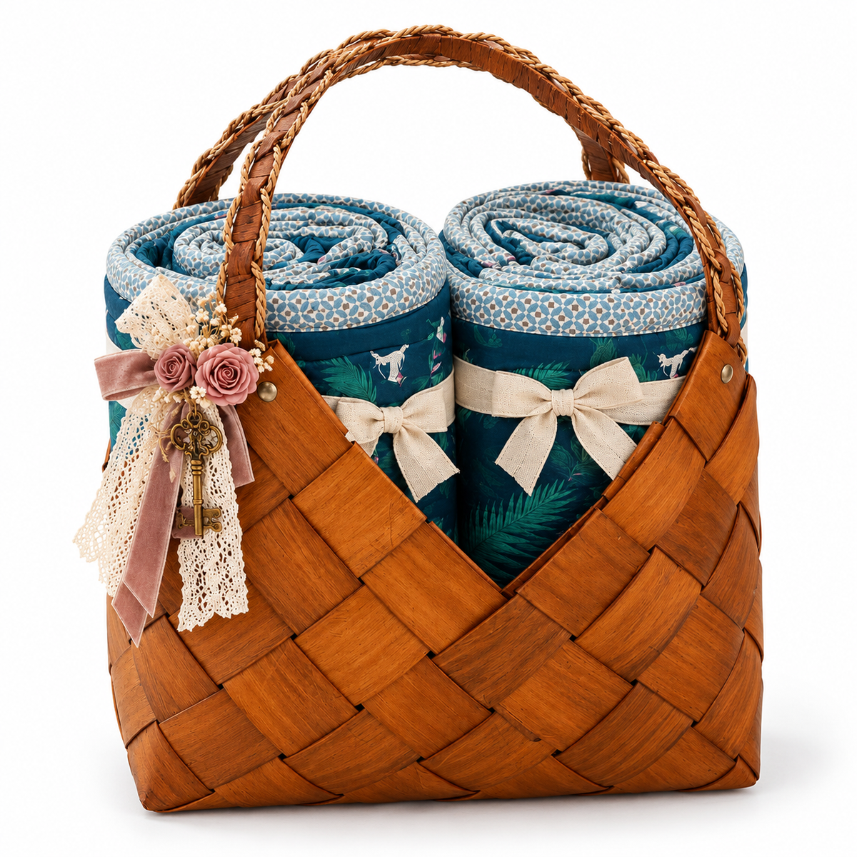 Izzhaar Blue Botanical Blanket Set Of 2 In Handwoven Wooden Basket