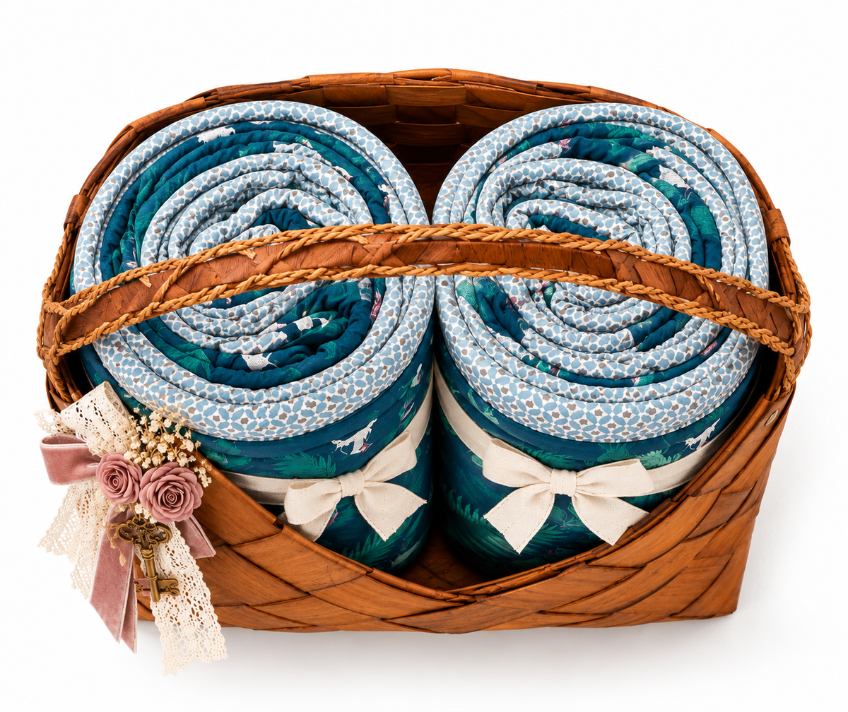 Izzhaar Blue Botanical Blanket Set Of 2 In Handwoven Wooden Basket