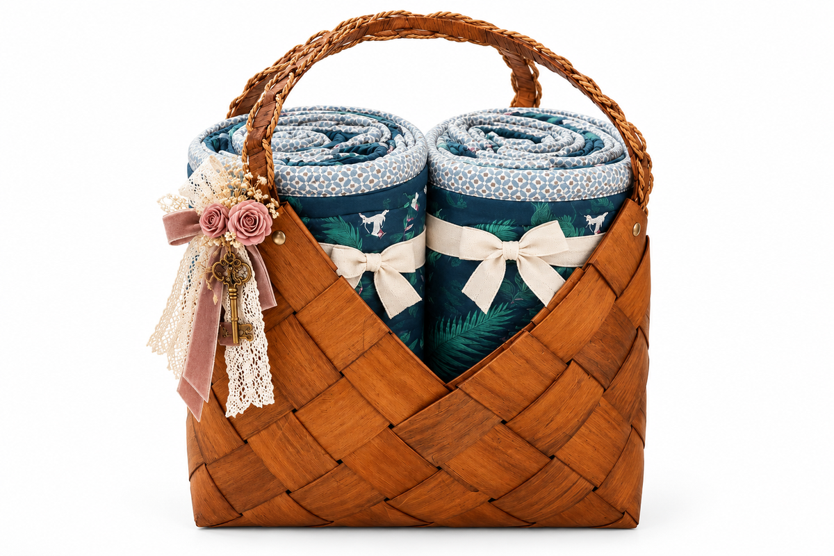 Izzhaar Blue Botanical Blanket Set Of 2 In Handwoven Wooden Basket