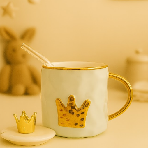 Izzhaar Royal Crown Luxe Mug with Lid & Straw – Gold Edition