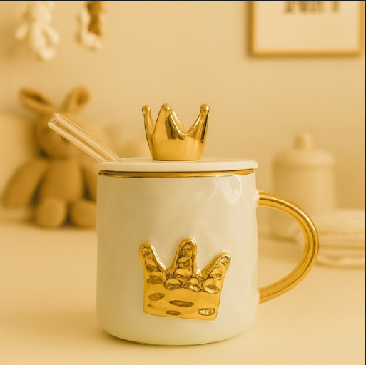 Izzhaar Royal Crown Luxe Mug with Lid & Straw – Gold Edition